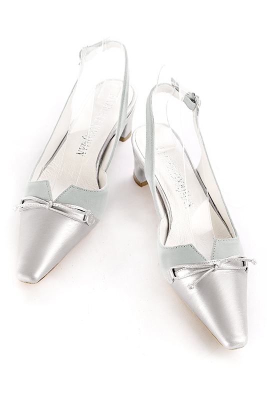 Light silver and pearl grey women's open back shoes, with a knot. Tapered toe. Low kitten heels. Top view - Florence KOOIJMAN